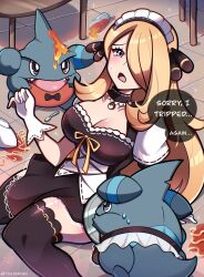 Rule 34 | 1girl, absurdres, accident, alternate costume, black bow, black bowtie, black dress, blonde hair, bow, bowl, bowtie, breasts, choker, cleavage, clumsy, creatures (company), cup, cynthia (pokemon), dress, english text, enmaided, frills, game freak, gen 4 pokemon, gible, gloves, grey eyes, hair ornament, hair over one eye, highres, large breasts, long hair, looking at viewer, maid, maid headdress, nintendo, on floor, open mouth, poke ball, poke ball (basic), pokemon, pokemon (creature), pokemon dppt, speech bubble, spill, spoon, sweat, table, tears, thighhighs, touyarokii, tray, very long hair, white gloves, zettai ryouiki