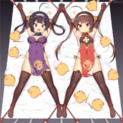 Rule 34 | !?, 2girls, = =, ?, ^^^, ahoge, animal, armpits, arms up, artist name, asymmetrical legwear, azur lane, bare shoulders, bdsm, bird, black eyes, black gloves, black hair, black legwear, black panties, blank eyes, blush, blush stickers, bondage, bound, bound ankles, bound wrists, breasts, breasts apart, brown hair, brush, china dress, chinese clothes, cleavage cutout, closed eyes, clothing cutout, collar, covered navel, dragon print, dress, elbow gloves, feathers, female focus, from above, full body, gloves, hair ornament, hair rings, hairband, half-closed eyes, holding, holding brush, holding feather, holding hands, huoji (wonderturkey), interlocked fingers, light blush, long hair, lying, manjuu (azur lane), medium breasts, mismatched legwear, multiple girls, ning hai (azur lane), o-ring, o-ring bottom, o-ring panties, on back, on bed, open mouth, outstretched arms, panties, pelvic curtain, ping hai (azur lane), purple dress, purple eyes, raised eyebrows, red dress, red eyes, rope, see-through, side-tie panties, side slit, sidelocks, signature, skindentation, sleeveless, sleeveless dress, small breasts, spread legs, string panties, surprised, symmetry, thighhighs, twintails, underwear, v-shaped eyebrows, white background, white hairband, white panties