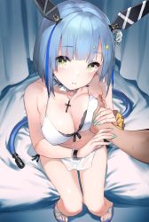 Rule 34 | 1boy, 1girl, 92m, azur lane, bare shoulders, bikini, blue hair, blush, grabbing another&#039;s breast, breasts, choker, cleavage, collarbone, commentary request, cross, cross necklace, flower, gascogne (azur lane), gascogne (tropical environs acclimation service equipment) (azur lane), gascogne (tropical environs acclimation service equipment) (azur lane), grabbing, guided breast grab, guiding hand, hair flower, hair ornament, head tilt, headgear, highres, jewelry, looking at viewer, medium breasts, multicolored hair, navel, necklace, parted lips, pov, purple hair, sandals, short hair, sitting, solo focus, streaked hair, sweat, swimsuit, thighs, white bikini, yellow eyes