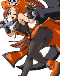 Rule 34 | 1girl, anchor, arc system works, ass, breasts, brown eyes, brown hair, fingerless gloves, from behind, gloves, guilty gear, hat, isu, lowres, may (guilty gear), medium breasts, oekaki, one eye closed, orange hat, orange shirt, pirate hat, shirt, sideboob, smile, solo, when you see it, wink