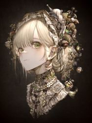 Rule 34 | 1girl, absurdres, black background, blonde hair, blunt bangs, bonnet, closed mouth, commentary, cropped shoulders, curly hair, dark background, english commentary, expressionless, frills, glint, gradient background, green eyes, grey background, hair behind ear, hair ornament, highres, hito komoru, light blush, looking at viewer, original, portrait, simple background, snail, snail on head, solo