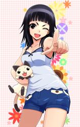 Rule 34 | &gt;;d, 1girl, black hair, cat, long hair, official art, one eye closed, open mouth, original, pointing, shinmai (kyata), shorts, smile, v-shaped eyebrows, wink