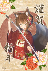 Rule 34 | 1girl, absurdres, ahoge, animal ears, arm up, blush, brown-framed eyewear, brown hair, closed mouth, commentary request, coreytaiyo, floral print, flower, fox ears, fox girl, fox tail, glasses, green eyes, hair flower, hair ornament, highres, holding, holding sword, holding weapon, japanese clothes, katana, kimono, long hair, long sleeves, obi, open clothes, original, pink flower, print kimono, red kimono, sash, semi-rimless eyewear, smile, solo, sword, tail, translation request, under-rim eyewear, weapon, white flower