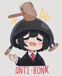 Rule 34 | :d, ^^^, black hair, black sweater, blush, bob cut, bonk, closed eyes, collared shirt, commentary, cropped torso, dress shirt, english commentary, facing viewer, fang, grey background, hand up, highres, hitting, long sleeves, mai (melonbread), mallet, melonbread, necktie, open mouth, original, pot on head, red necktie, school uniform, shirt, short hair, simple background, smile, smug, sweater, v-neck, v-shaped eyebrows, white shirt, wok