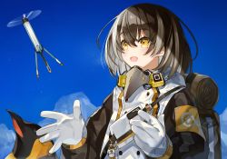 Rule 34 | 1girl, arknights, backpack, bag, bird, bird mask, blue sky, breath, brown hair, coat, cold, commentary, day, drone, earrings, gas mask, gloves, hair between eyes, jewelry, charm (object), magallan (arknights), mask, mask around neck, multicolored hair, muraki (owantogohan), open mouth, outdoors, penguin, rhine lab logo, short hair, single earring, sky, smile, solo, strap, streaked hair, emperor (arknights), two-tone hair, upper body, white coat, white gloves, white hair, winter clothes, winter coat, yellow eyes