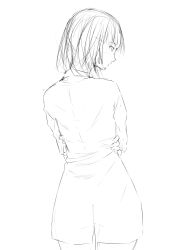 Rule 34 | 1girl, from behind, greyscale, highres, jacket, looking to the side, monochrome, niwatazumi, original, self hug, short hair, sketch, solo, upper body, white background