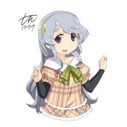 Rule 34 | 1girl, alternate costume, arm warmers, bow, bowtie, braid, dated, dress, grey eyes, hair ornament, hairband, kantai collection, long hair, looking at viewer, open mouth, ribbon, short sleeves, signature, silver hair, single braid, smile, solo, tun, upper body, wavy hair, white background, yamagumo (kancolle)