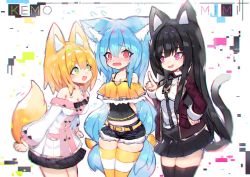 Rule 34 | 3girls, animal ear fluff, animal ears, arms behind back, black hair, black legwear, black shorts, black skirt, blazer, blonde hair, blue hair, blunt bangs, blush, breasts, camisole, cat ears, cat tail, cleavage, embarrassed, flying sweatdrops, fox ears, fox tail, green eyes, hair between eyes, hand on own hip, jacket, long hair, mamuru, medium breasts, medium hair, multiple girls, necktie, nose blush, off shoulder, open mouth, original, pink eyes, pleated skirt, pointing, red eyes, shirt, short shorts, shorts, skirt, smile, striped clothes, striped legwear, striped thighhighs, tail, thighhighs, v-shaped eyebrows, very long hair, wavy mouth, white background, white legwear, white shirt, yellow legwear