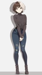 Rule 34 | 1girl, black footwear, black sweater, boots, breasts, brown hair, chocomiru, denim, full body, highres, jeans, medium breasts, multicolored hair, original, own hands together, pants, ribbed sweater, shadow, short hair, sleeve pull, solo, split-color hair, sweater, two-tone hair, white background