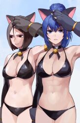 Rule 34 | 2girls, abs, animal ears, animal hands, bell, bikini, black bikini, blue eyes, blue hair, breasts, brown eyes, brown hair, cat ears, cat girl, cleavage, earrings, elbow gloves, gloves, highres, jewelry, jingle bell, large breasts, leona heidern, looking at viewer, multiple girls, navel, oni gini, ponytail, salute, short hair, snk heroines: tag team frenzy, sweatdrop, swimsuit, the king of fighters, triangle earrings, whip (kof)