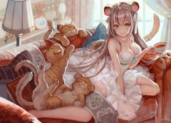 Rule 34 | 1girl, animal, animal ear fluff, animal ears, bare arms, bare shoulders, breasts, brown eyes, brown hair, choker, cleavage, collarbone, couch, cup, dress, floor lamp, flower, hair ribbon, hand up, highres, holding, holding cup, indoors, long hair, medium breasts, okuma mai, on couch, original, red flower, red rose, ribbon, rose, sitting, sleeveless, sleeveless dress, solo, tail, tea, teacup, tiger, tiger ears, tiger girl, tiger tail, vase, very long hair, white choker, white dress, white ribbon, yokozuwari