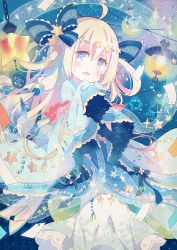 Rule 34 | 1girl, ahoge, blonde hair, blue bow, blue eyes, bow, commentary request, hair bow, hair ornament, japanese clothes, kimono, long hair, long sleeves, looking at viewer, open mouth, original, ribbon, smile, solo, standing, star (symbol), star hair ornament, yamadori yoshitomo