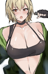 Rule 34 | absurdres, bad id, bad pixiv id, blonde hair, breasts, counter:side, embarrassed, highres, jacket, jane doe (counter:side), karambit, large breasts, open clothes, open jacket, solo, sports bra
