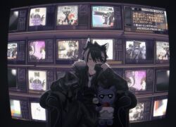 Rule 34 | 1boy, ad, animal ears, aragami oga, armchair, arurandeisu, backlighting, black coat, black gloves, black hair, black pants, black shirt, black vest, bukatachi (kageyama shien), cake, cat, chair, coat, collared shirt, controller, crossed legs, feet out of frame, food, fork, fruit, fur-trimmed coat, fur trim, gloves, gun, hair between eyes, half gloves, head rest, highres, hizaki gamma, holding, holding fork, holding remote control, holostars, jackal boy, jackal ears, kageyama shien, kanade izuru, looking at another, male focus, minase rio, momiage 40, multicolored hair, necktie, open clothes, open coat, pants, remote control, shirt, short hair, sideways glance, sitting, solo, stole, strawberry, sunglasses, television, two-tone hair, vest, virtual youtuber, watching television, weapon, white hair, white necktie, yellow eyes, yukoku roberu