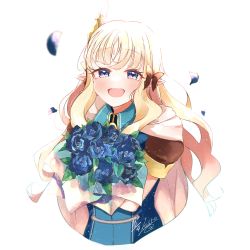 Rule 34 | absurdres, black bow, blonde hair, blue eyes, blunt bangs, bow, cape, dress, elf, flower, frilled dress, frills, green dress, hair bow, hair ornament, highres, keinesandayoooo, long hair, looking at viewer, open mouth, pointy ears, princess connect!, saren (princess connect!), smile, two-tone dress, white cape, white dress