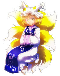 Rule 34 | 1girl, animal hat, bad id, bad pixiv id, blonde hair, fox tail, frills, hands in opposite sleeves, hat, mob cap, multiple tails, onyuuuu, short hair, simple background, solo, tabard, tail, touhou, white background, yakumo ran, yellow eyes