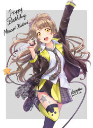 Rule 34 | 1girl, arm up, blush, brown hair, character name, collared shirt, dated, grey background, grey necktie, group name, happy birthday, highres, jacket, leg tattoo, long hair, looking at viewer, love live!, love live! school idol festival, love live! school idol project, microphone, minami kotori, miniskirt, necktie, one side up, open mouth, plaid necktie, punk rock, shirt, simple background, skirt, smile, solo, standing, tattoo, thighhighs, yellow thighhighs