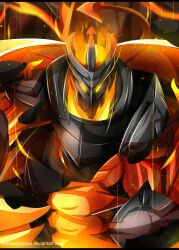Rule 34 | 1boy, absurdres, alternate costume, armor, clenched hand, colored skin, dvljoe, fire, galio, glint, glowing, glowing eyes, highres, league of legends, looking at viewer, muscular, muscular male, solo, tail, upper body, watermark, web address, yellow skin