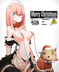 Rule 34 | 1girl, apron, bdsm, black thighhighs, blue eyes, blush, breasts, chain, collar, deer, english text, hat, highres, looking at viewer, maid, maid apron, maid headdress, navel, nipple clamps, nipples, original, parted lips, pink hair, santa hat, short hair, simple background, solo, takagi (tansuke), tansuke, tattoo, text focus, thighhighs, waist apron