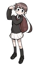 Rule 34 | 1girl, :&lt;, backpack, bag, bandaid, bandaid on knee, bandaid on leg, black eyes, black footwear, black shirt, black socks, brown hair, clenched hand, flexing, full body, hand up, highres, kneehighs, loafers, long hair, long sleeves, looking at viewer, low twintails, original, sailor collar, shirt, shoes, simple background, skirt, socks, solo, takurada, twintails, v-shaped eyebrows, white background, white sailor collar, white skirt, wide-eyed