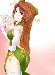 Rule 34 | 1girl, alternate costume, ass, back, bare shoulders, blue eyes, blush, braid, breasts, brown hair, butt crack, chinese clothes, curvy, dress, elbow gloves, female focus, gloves, green dress, hand fan, hand on own hip, highres, hip focus, hong meiling, long hair, medium breasts, sideboob, simple background, solo, standing, temari rin, thick thighs, thighhighs, thighs, touhou, twin braids, white thighhighs, wide hips