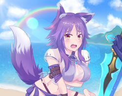 Rule 34 | 1girl, animal ear fluff, animal ears, arm belt, arm under breasts, beach, bikini, blue sky, blush, breasts, brown eyes, cleavage, criss-cross halter, day, fang, halterneck, highres, large breasts, lens flare, looking at viewer, ltsum, makoto (princess connect!), makoto (summer) (princess connect!), medium hair, o-ring, ocean, open mouth, princess connect!, purple bikini, purple hair, see-through, shirt, shore, sidelocks, sitting, sky, swimsuit, sword, tail, thighs, wariza, weapon, wet, wet clothes, wet shirt, wolf ears, wolf girl, wolf tail