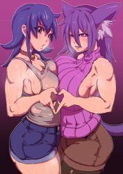 Rule 34 | 2girls, animal ears, asymmetrical docking, blue hair, breast press, breasts, breath, cat ears, cat tail, cleavage, collar, curvy, denim, denim shorts, highres, huge breasts, large breasts, pantyhose under shorts, lips, long hair, looking at viewer, multiple girls, muscular, muscular female, open mouth, original, pantyhose, parted lips, pink eyes, purple background, purple eyes, purple hair, ribbed sweater, sashizume soutarou, shorts, simple background, smile, sweat, sweater, tail, tasogare mimi, thick thighs, thighs, wide hips