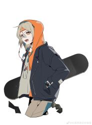 Rule 34 | 1girl, absurdres, alternate costume, arknights, artist name, bandaid, bandaid on face, bandaid on nose, black jacket, brown hair, brown pants, casual, cropped legs, earphones, hand in pocket, headband, highres, hood, hoodie, ifrit (arknights), jacket, long sleeves, looking at viewer, open clothes, open jacket, open mouth, pants, red eyes, short hair, skateboard, solo, songweilaiyinzizhushitang, tail, v-shaped eyebrows, watch, weibo watermark, wristwatch