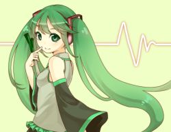 Rule 34 | 1girl, bad id, bad pixiv id, detached sleeves, finger to face, green eyes, green hair, hatsune miku, kamogonn, long hair, matching hair/eyes, smile, solo, spring onion, twintails, very long hair, vocaloid