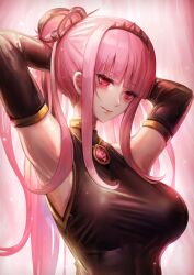 Rule 34 | 1girl, absurdres, alternate costume, alternate hairstyle, armpits, black dress, black gloves, blunt bangs, blush, breasts, dress, elbow gloves, gloves, hands up, high ponytail, highres, hololive, hololive english, large breasts, long hair, mori calliope, pink eyes, pink hair, sidelocks, sleeveless, sleeveless dress, straight hair, taut clothes, taut dress, tiara, tying hair, upper body, virtual youtuber, ziteng yue
