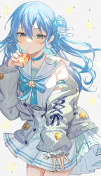 Rule 34 | 1girl, absurdres, blouse, blue bow, blue choker, blue eyes, blue hair, blush, bow, bowtie, box, buttons, cardigan, choker, commentary request, cowboy shot, drinking straw, drinking straw in mouth, grey cardigan, hair between eyes, hair bun, hair ribbon, hand up, highres, holding, holding box, hololive, hoshimachi suisei, hoshimachi suisei (school uniform), juice box, long hair, long sleeves, looking at viewer, off shoulder, open cardigan, open clothes, pleated skirt, puffy long sleeves, puffy short sleeves, puffy sleeves, ribbon, sailor collar, shirt, short sleeves, single hair bun, skirt, solo, sparkle, standing, star (symbol), star in eye, syandega, symbol in eye, virtual youtuber, white ribbon, white sailor collar, white shirt, white skirt
