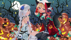 Rule 34 | 2girls, :d, animal ears, bandage over one eye, bare tree, bat (animal), black legwear, blonde hair, blue eyes, blue flower, blue sky, blush, braid, breasts, candy, cape, cleavage, closed mouth, corset, dress, ears through headwear, flower, food, from side, full moon, gradient sky, hair flower, hair ornament, halloween, halloween costume, hands up, highres, hood, hood up, hooded cape, jack-o&#039;-lantern, lantern, lollipop, long hair, long sleeves, looking at viewer, luicent, medium breasts, moon, multiple girls, one eye covered, open mouth, original, pantyhose, pointy ears, red cape, red hood, sitting, sky, small breasts, smile, tail, tree, twin braids, very long hair, wariza, white dress, white hair