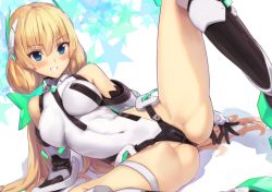 Rule 34 | 1girl, angela balzac, bare shoulders, black gloves, blonde hair, blue eyes, blush, boots, breasts, cameltoe, cleft of venus, commentary request, covered erect nipples, covered navel, elbow gloves, female focus, gloves, grin, hair ornament, headgear, highres, kawakami rokkaku, knee boots, large breasts, leg lift, leotard, long hair, looking at viewer, low twintails, lying, partially visible vulva, rakuen tsuihou, revision, simple background, skin tight, smile, solo, spread legs, star (symbol), twintails, very long hair, white background