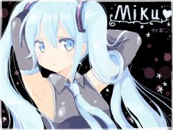 Rule 34 | 1girl, armpits, arms behind head, arms up, bad drawr id, bad id, blue eyes, blue hair, blush, character name, chiyingzai, detached sleeves, drawr, gradient eyes, hands in hair, hatsune miku, long hair, matching hair/eyes, multicolored eyes, necktie, oekaki, parted lips, shirt, sleeveless, sleeveless shirt, solo, upper body, very long hair, vocaloid