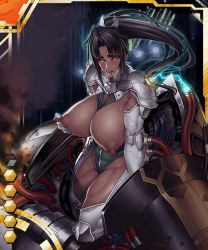 Rule 34 | 00s, 1girl, abs, armor, between breasts, black hair, breasts, cable, card (medium), card (orange-ur), card (ur), dark-skinned female, dark skin, electricity, female focus, grabbing own breast, green leotard, heavy breathing, high ponytail, huge breasts, impossible clothes, leotard, lilith-soft, mirabell bell, muscular, muscular female, naughty face, night, nipples, obui, ponytail, shoulder armor, sidelocks, solo focus, steam, sweat, taimanin (series), taimanin asagi, taimanin asagi battle arena all card gallery, taimanin asagi kessen arena, tan, thick thighs, thighs, toned, tongue, tongue out