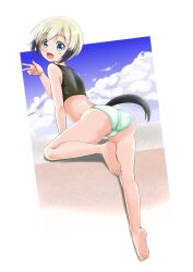 Rule 34 | 1girl, absurdres, ass, black shirt, blonde hair, blue eyes, blush, dog tail, erica hartmann, full body, green panties, highres, looking at viewer, open mouth, outdoors, panties, red liquid (artist), shirt, short hair, sky, sleeveless, smile, solo, strike witches, tail, underwear, w, world witches series
