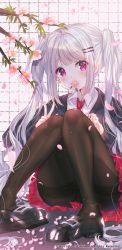 Rule 34 | 1girl, absurdres, artist name, bad id, bad pixiv id, black footwear, black jacket, black pantyhose, blush, cherry blossoms, grey hair, hair ornament, hairclip, highres, jacket, long hair, looking at viewer, necktie, original, pantyhose, pink eyes, red necktie, shoes, sitting, solo, two side up, urim (paintur), v