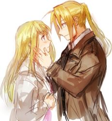 Rule 34 | 1boy, 1girl, blonde hair, blue eyes, blush, coat, couple, earrings, edward elric, eye contact, fullmetal alchemist, hand on another&#039;s cheek, hand on another&#039;s face, hetero, jacket, jewelry, long hair, looking at another, ponytail, riru, simple background, white background, winry rockbell, yellow eyes
