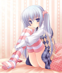 Rule 34 | 1girl, argyle, argyle clothes, argyle sweater, bad id, bad pixiv id, bed, cellphone, feet, frown, hugging own legs, panties, pantyshot, phone, pillow, plaid, plaid skirt, polka dot, sitting, skirt, solo, striped clothes, striped thighhighs, sweater, takano yuki (allegro mistic), thighhighs, twintails, underwear