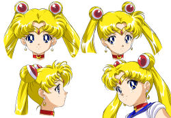 Rule 34 | 4girls, bishoujo senshi sailor moon, blonde hair, blue eyes, blue sailor collar, choker, circlet, closed mouth, crescent, crescent earrings, double bun, earrings, hair bun, hair ornament, hairpin, jewelry, long hair, looking at viewer, magical girl, multiple girls, multiple persona, official style, oku yukihide, profile, red neckwear, sailor collar, sailor moon, simple background, smile, tsukino usagi, twintails, white background