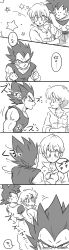 Rule 34 | 1girl, 2boys, absurdres, breasts, bulma, cleavage, clenched hands, comic, dougi, dragon ball, dragonball z, earrings, frown, gloves, greyscale, highres, husband and wife, jewelry, monochrome, multiple boys, muscular, short hair, son goku, spiked hair, star (symbol), sweat, sweatdrop, tkgsize, translated, vegeta, wavy mouth, wristband