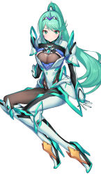 Rule 34 | 1girl, armor, blush, bodysuit, boots, breasts, chest jewel, cleavage, commentary request, green322, green eyes, green hair, high heel boots, high heels, highres, horns, large breasts, light smile, long hair, looking at viewer, nintendo, pneuma (xenoblade), single horn, sitting, solo, spoilers, tiara, white background, xenoblade chronicles (series), xenoblade chronicles 2, xenoblade chronicles (series), xenoblade chronicles 2, yokozuwari