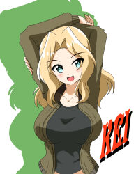 Rule 34 | 1girl, arms up, black shirt, blonde hair, blue eyes, character name, girls und panzer, highres, jacket, jmatsu3129, kay (girls und panzer), long hair, open clothes, open jacket, open mouth, saunders military uniform, shirt, solo, upper body