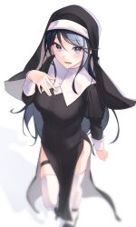 Rule 34 | 1girl, absurdres, alternate costume, blue eyes, blue hair, breasts, dress, full body, garter straps, habit, highres, hoshino ichika (project sekai), iluka, long hair, long sleeves, looking at viewer, medium breasts, nun, open mouth, project sekai, simple background, solo, thighhighs, white background