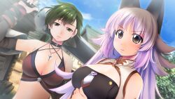 Rule 34 | 2girls, animal ears, atelier-moo, bare shoulders, bikini, breasts, brown eyes, closed mouth, collar, collarbone, detached sleeves, green hair, grey eyes, hair between eyes, highres, holding, holding sword, holding weapon, jewelry, large breasts, long hair, long sideburns, mana (our battle has just begun!), multiple girls, necklace, our battle has just begun!, sad, short hair, sideburns, standing, swimsuit, sword, taylor (our battle has just begun!), town, upper body, v-shaped eyebrows, weapon, wolf ears, wolf girl