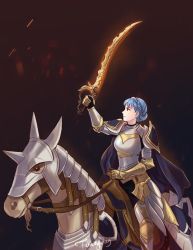 Rule 34 | 1girl, armor, barding, blue hair, blutgang (weapon), braid, cape, closed mouth, crown braid, female knight, fire emblem, fire emblem: three houses, heroes relic (fire emblem), highres, holding, holding sword, holding weapon, horse, horseback riding, knight, marianne von edmund, nintendo, riding, signature, sword, tamafry, weapon
