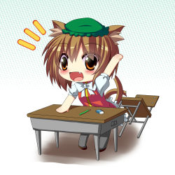 Rule 34 | 1girl, animal ears, bad id, bad pixiv id, blush, bow, brown eyes, brown hair, cat ears, cat girl, cat tail, chair, chen, chibi, desk, dress, eraser, falling, fang, female focus, hand up, hat, multiple tails, nekomata, open mouth, pen, red dress, shefu, shirt, smile, solo, tail, touhou
