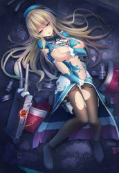 Rule 34 | 10s, 1girl, atago (kancolle), beret, black pantyhose, blonde hair, breasts, broken, cannon, covering privates, covering breasts, covering crotch, female focus, gradient background, green eyes, hat, highres, kantai collection, large breasts, long hair, looking at viewer, military, military uniform, open mouth, pantyhose, solo, torn clothes, torn pantyhose, uniform, weapon, xiaoyin li