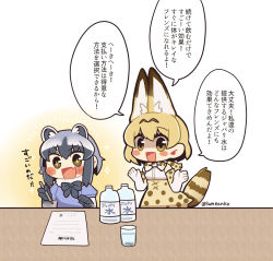 Rule 34 | + +, 10s, 2girls, animal ears, black neckwear, blouse, blue shirt, blush, bottle, bow, bowtie, common raccoon (kemono friends), elbow gloves, fang, fur collar, glass, gloves, grey hair, high-waist skirt, highres, holding, holding pencil, kemono friends, multicolored hair, multiple girls, open mouth, paw print, pencil, puffy sleeves, raccoon ears, same anko, serval (kemono friends), serval print, serval tail, shirt, skirt, sleeveless, sleeveless shirt, standing, tagme, tail, translation request, twitter username, water, yellow eyes, yellow skirt