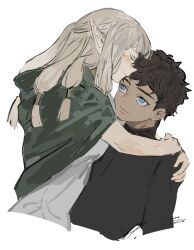 Rule 34 | 1boy, 1girl, affectionate, arms around neck, black hair, black shirt, blonde hair, blue eyes, blush, cloak, closed eyes, dark-skinned male, dark skin, dungeon meshi, elf, face-to-face, green cloak, hair tubes, highres, hug, kabru, long hair, long sleeves, looking at another, low-tied long hair, milsiril (dungeon meshi), mother and son, motherly, pointy ears, shirt, short hair, sidelocks, simple background, smile, surume (su1193), upper body, white background